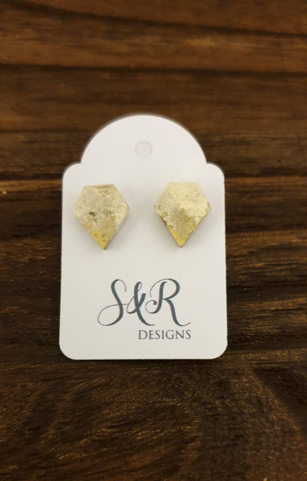 Diamond Cut Resin Stud Earrings, Stainless Steel Stud Earrings. Gold and White Mix Earrings.