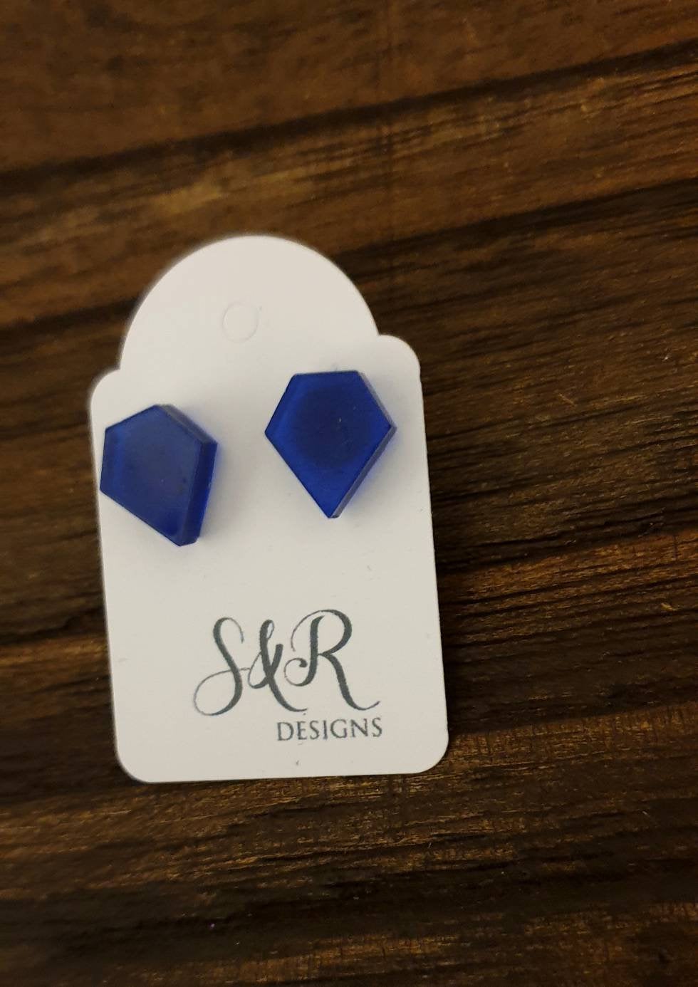 Royal Blue Diamond Cut Resin Stud Earrings, Stainless Steel Stud Earrings.