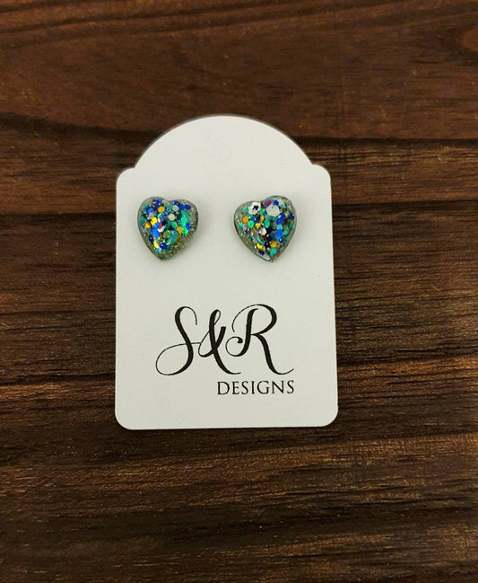 Heart Resin Stud Earrings, Sparkly Teal Silver Blue Mix Glitter, Stainless Steel 10mm Hearts