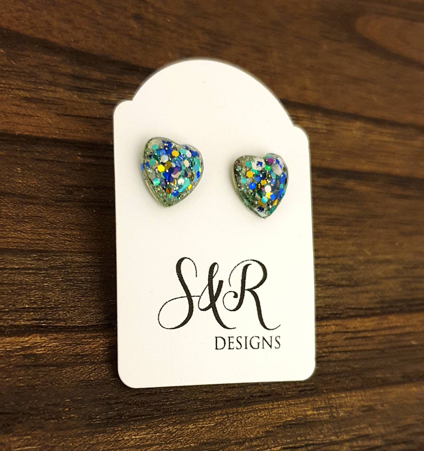 Heart Resin Stud Earrings, Sparkly Teal Silver Blue Mix Glitter, Stainless Steel 10mm Hearts