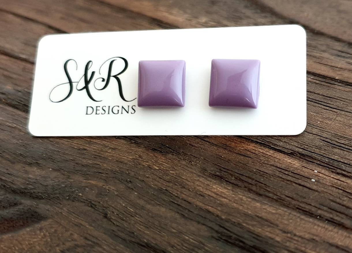Square Resin Stud Earrings, Lavender Purple Square Earrings made with Stainless Steel. 12mm