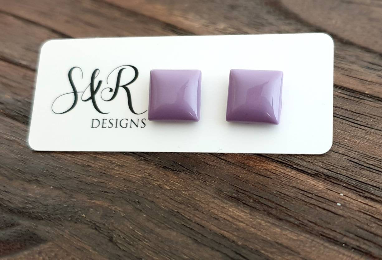 Square Resin Stud Earrings, Lavender Purple Square Earrings made with Stainless Steel. 12mm