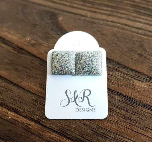 Square Resin Stud Earrings, Holographic Glitter Square Earrings made with Stainless Steel. 12mm