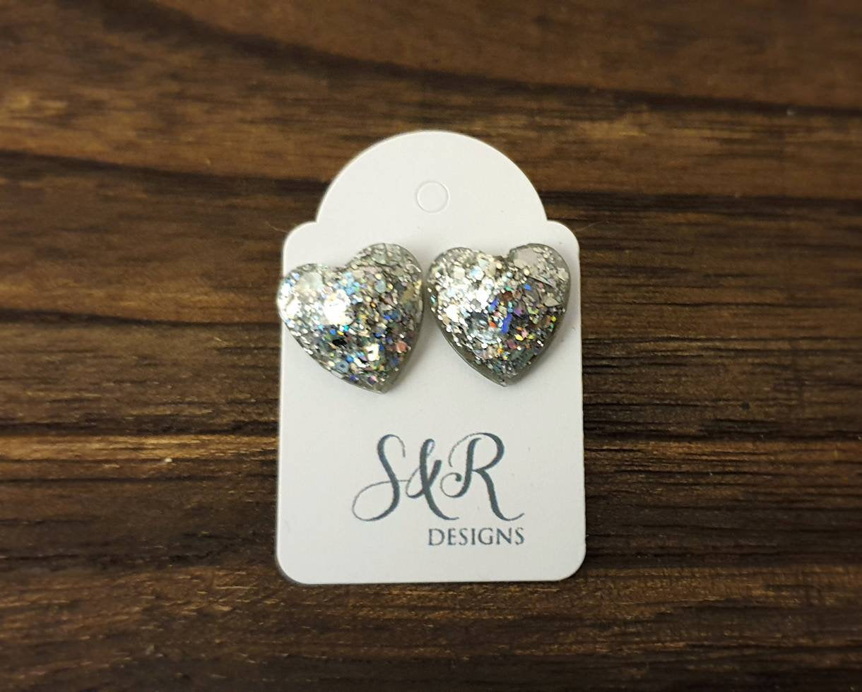 Faceted Heart Resin Stud Earrings, Sparkly Silver Holographic Mix Glitter, Stainless Steel 14mm Hearts