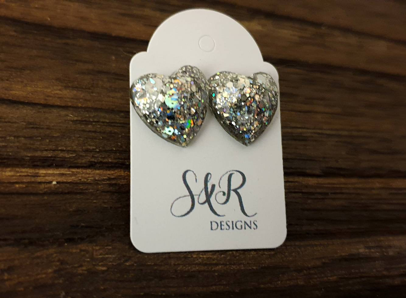 Faceted Heart Resin Stud Earrings, Sparkly Silver Holographic Mix Glitter, Stainless Steel 14mm Hearts