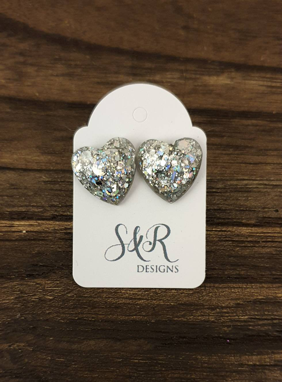 Faceted Heart Resin Stud Earrings, Sparkly Silver Holographic Mix Glitter, Stainless Steel 14mm Hearts