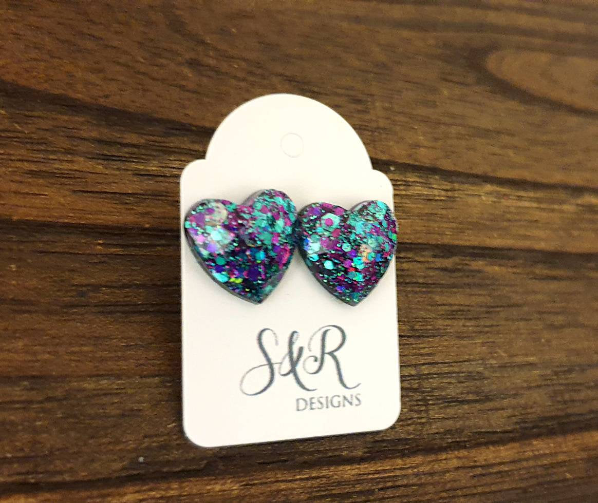 Faceted Heart Resin Stud Earrings, Sparkly Silver Purple Teal Mix Glitter, Stainless Steel 14mm Hearts