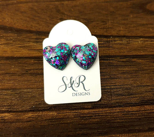Faceted Heart Resin Stud Earrings, Sparkly Silver Purple Teal Mix Glitter, Stainless Steel 14mm Hearts