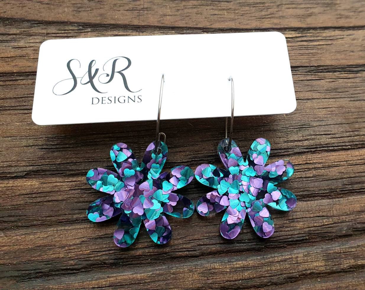 Aqua Purple Glitter Flower Acrylic Hoop Earrings, Stainless Steel