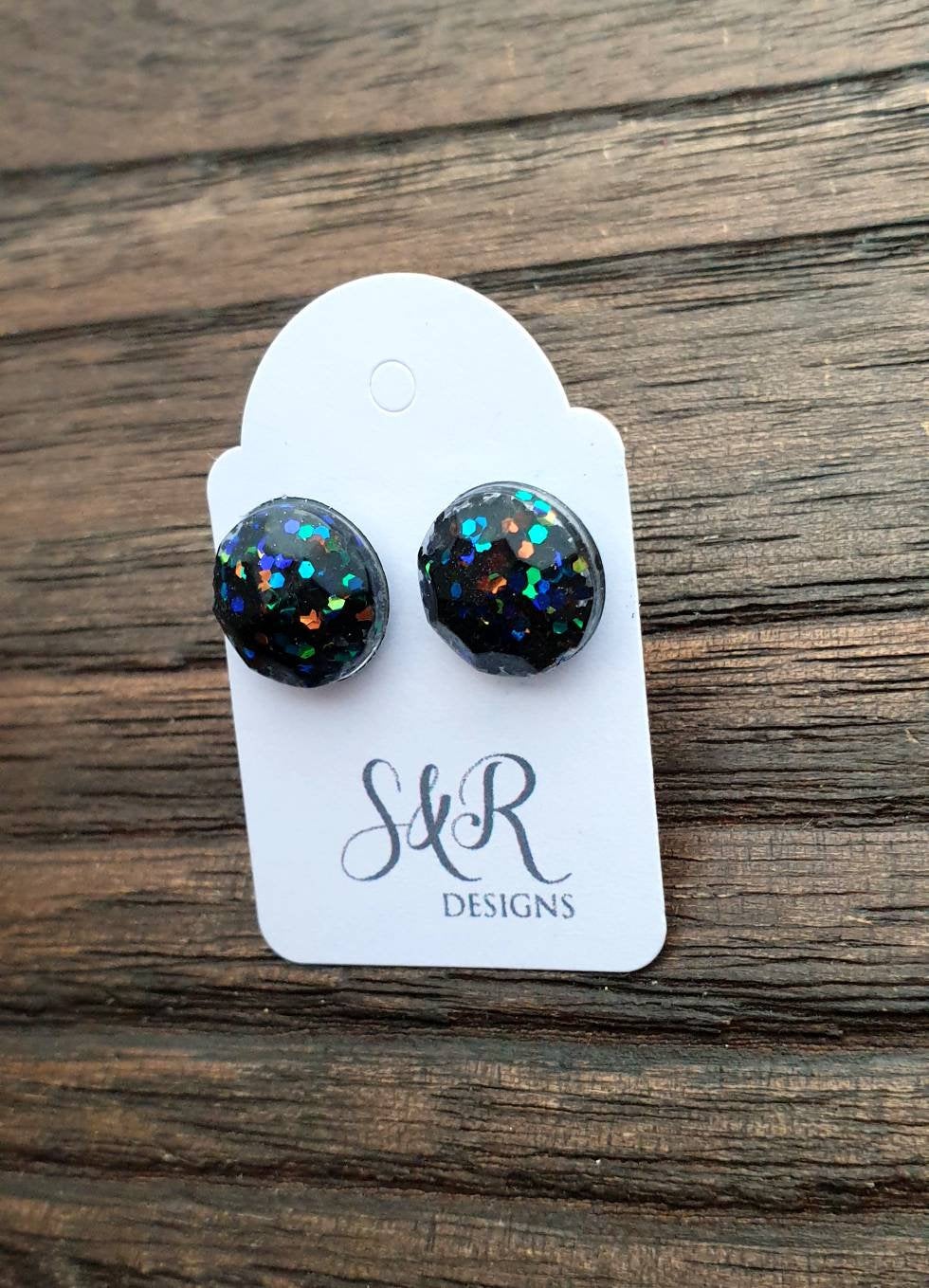 Faceted Circle Resin Stud Earrings, Black Rainbow Glitter Mix Stainless Steel Stud Earrings. 12mm
