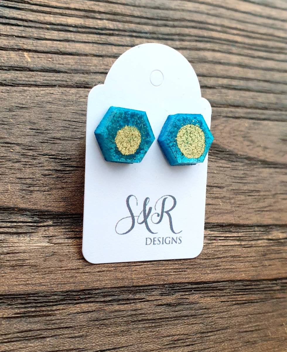 Hexagon Resin Stud Earrings, Blue Gold Ink Earrings. Stainless Steel Stud Earrings. 10mm