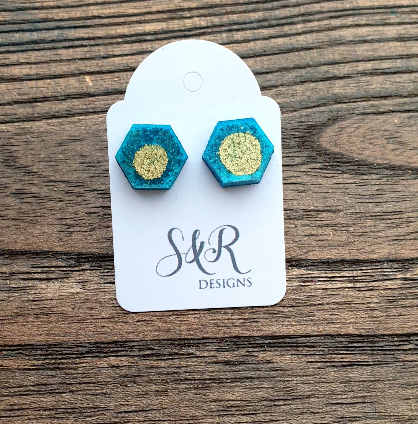 Hexagon Resin Stud Earrings, Blue Gold Ink Earrings. Stainless Steel Stud Earrings. 10mm
