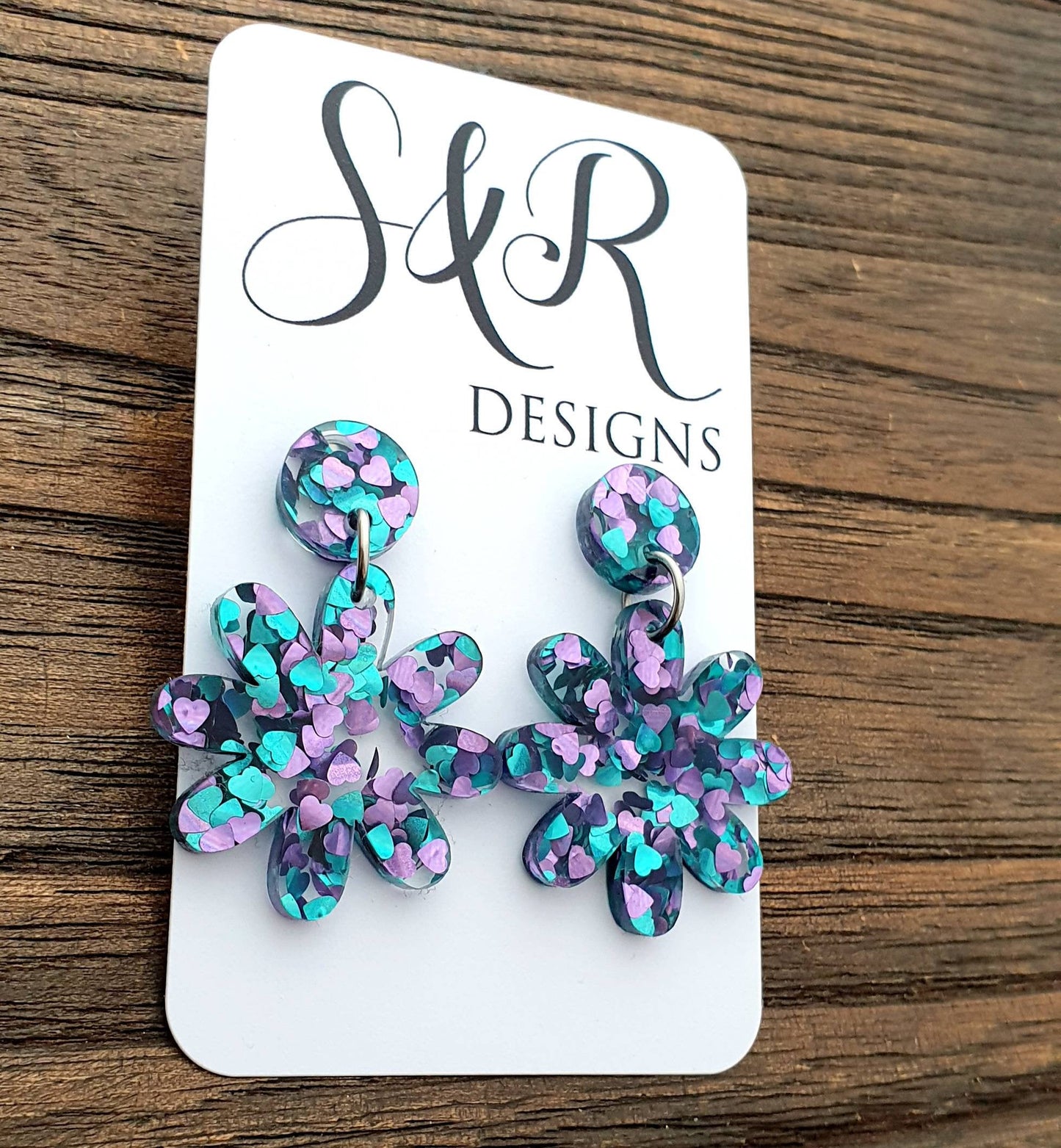 Aqua Purple Glitter Flower Acrylic Dangle Earrings, Stainless Steel