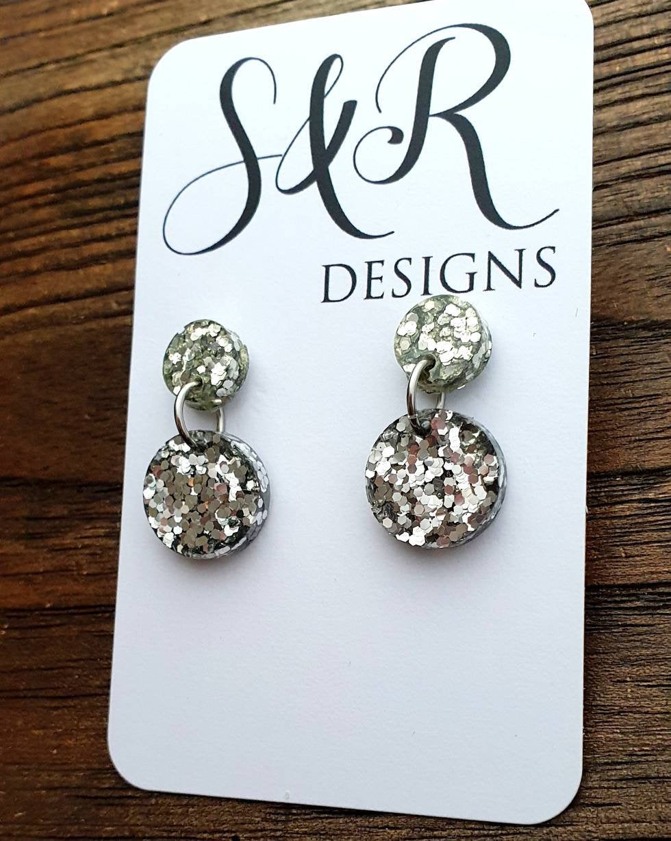 Circle Silver Glitter Dangle Earrings