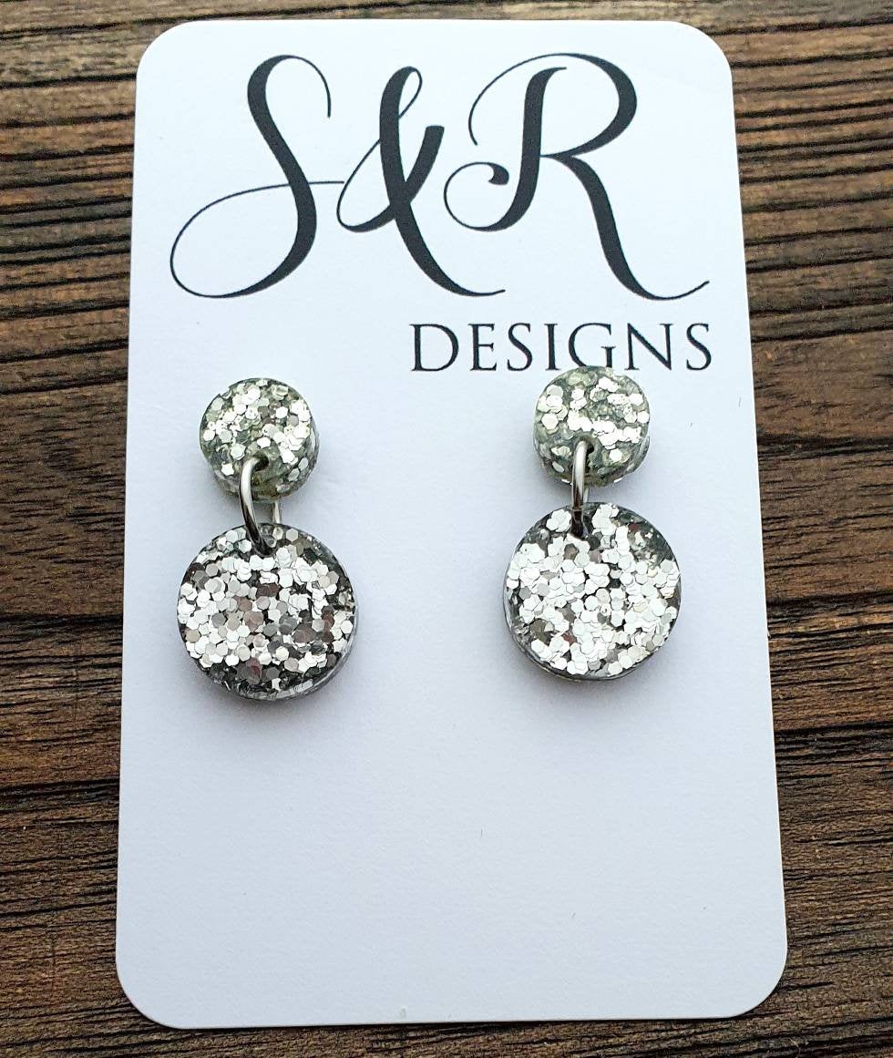 Circle Silver Glitter Dangle Earrings