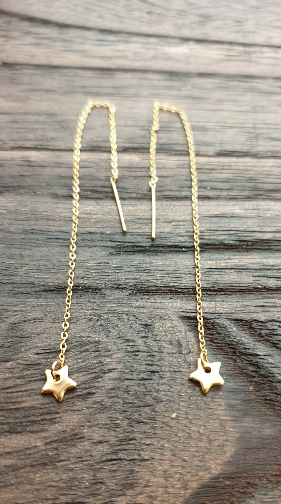 Tiny Star Gold Stainless Steel Dangle Thread Earrings, Gold Thread Earrings.