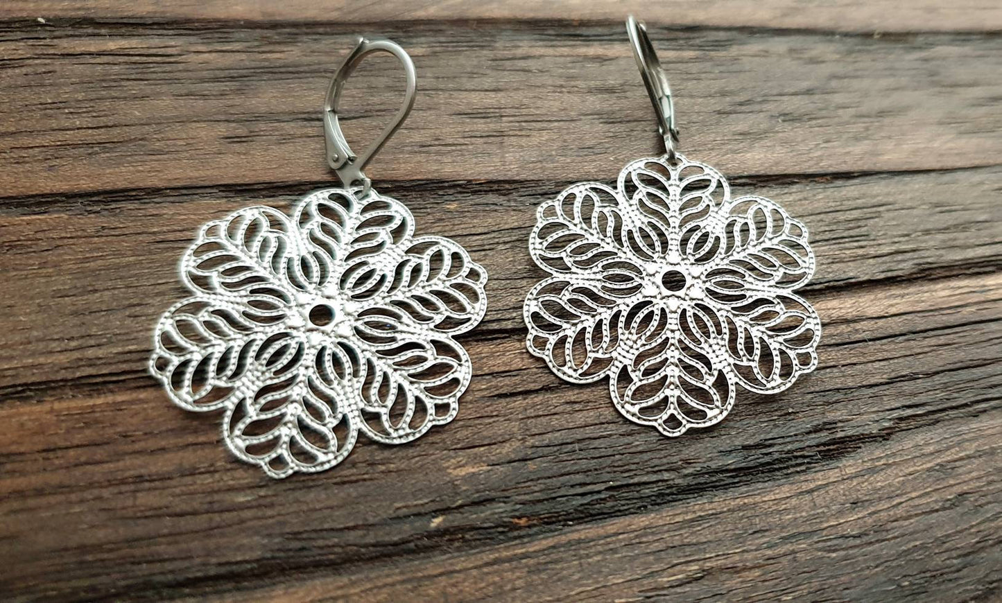 Petal Flower Filigree Silver Stainless Steel Dangle Leverback Earrings or Hook Dangles