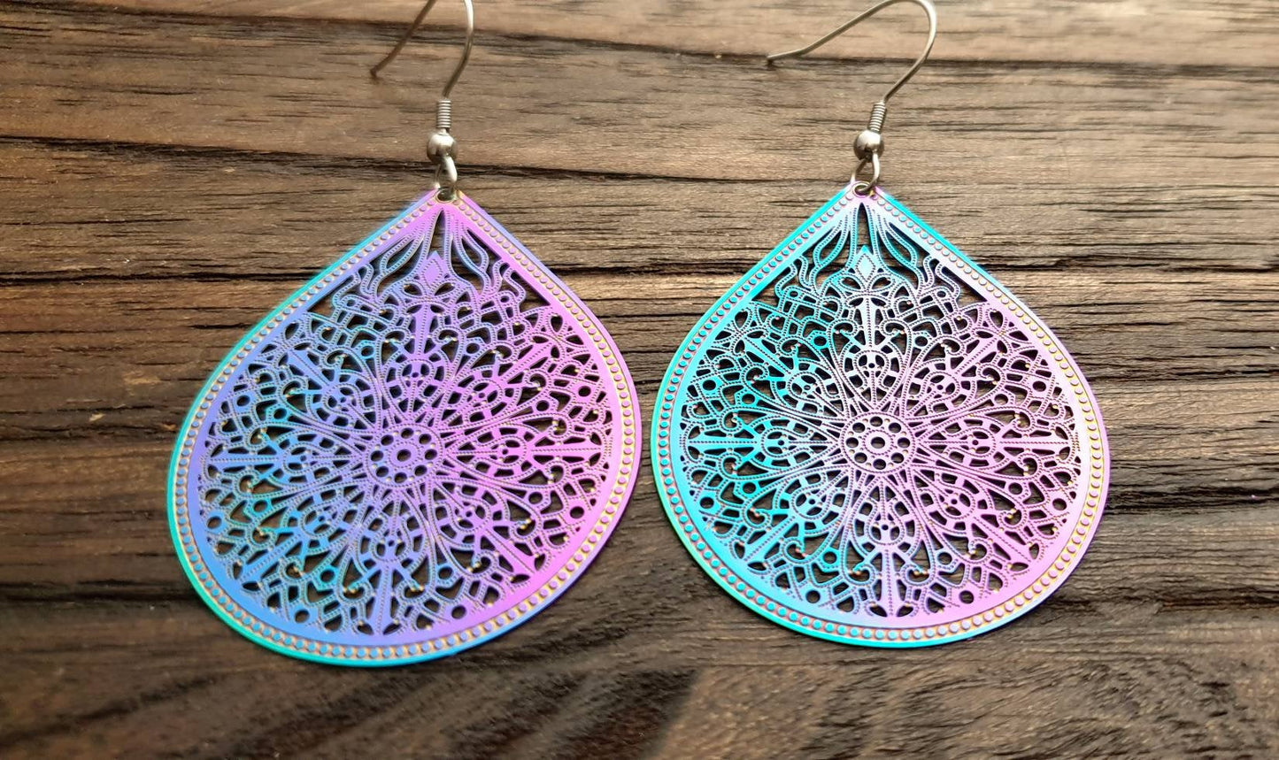 Blue Pink Teardrop Dangle Earrings Stainless Steel