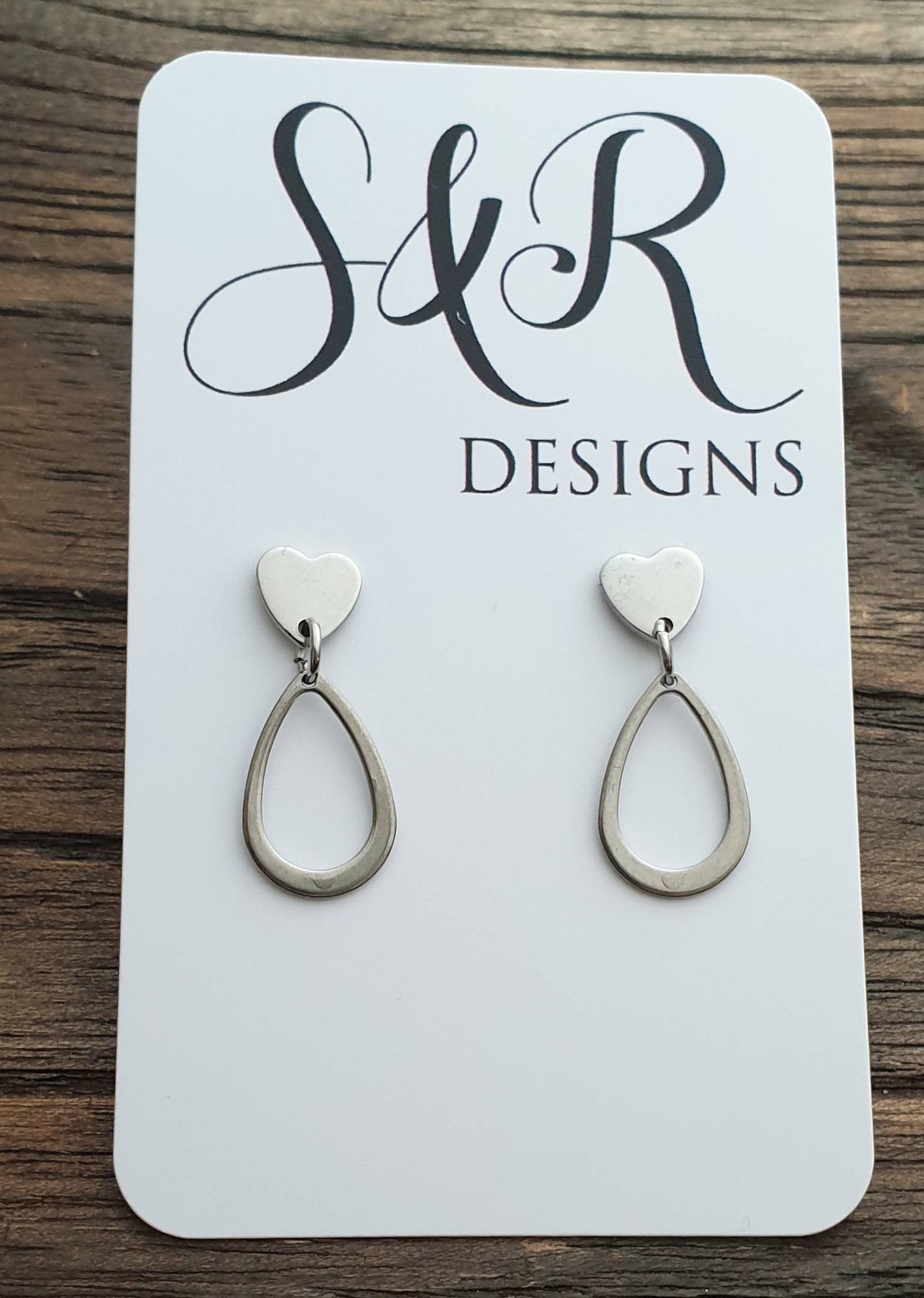 Teardrop Heart Stud Earrings, Stainless Steel Dangles