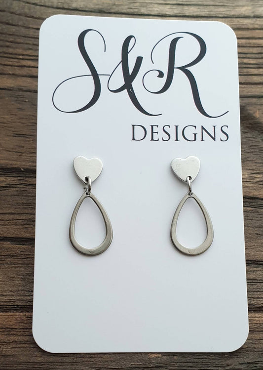 Teardrop Heart Stud Earrings, Stainless Steel Dangles