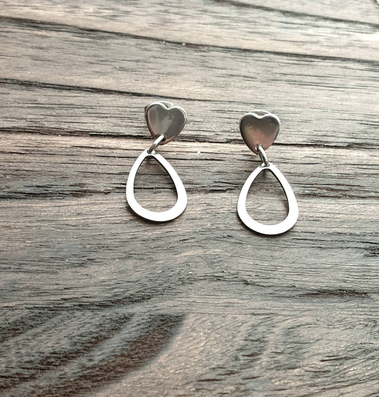 Teardrop Heart Stud Earrings, Stainless Steel Dangles