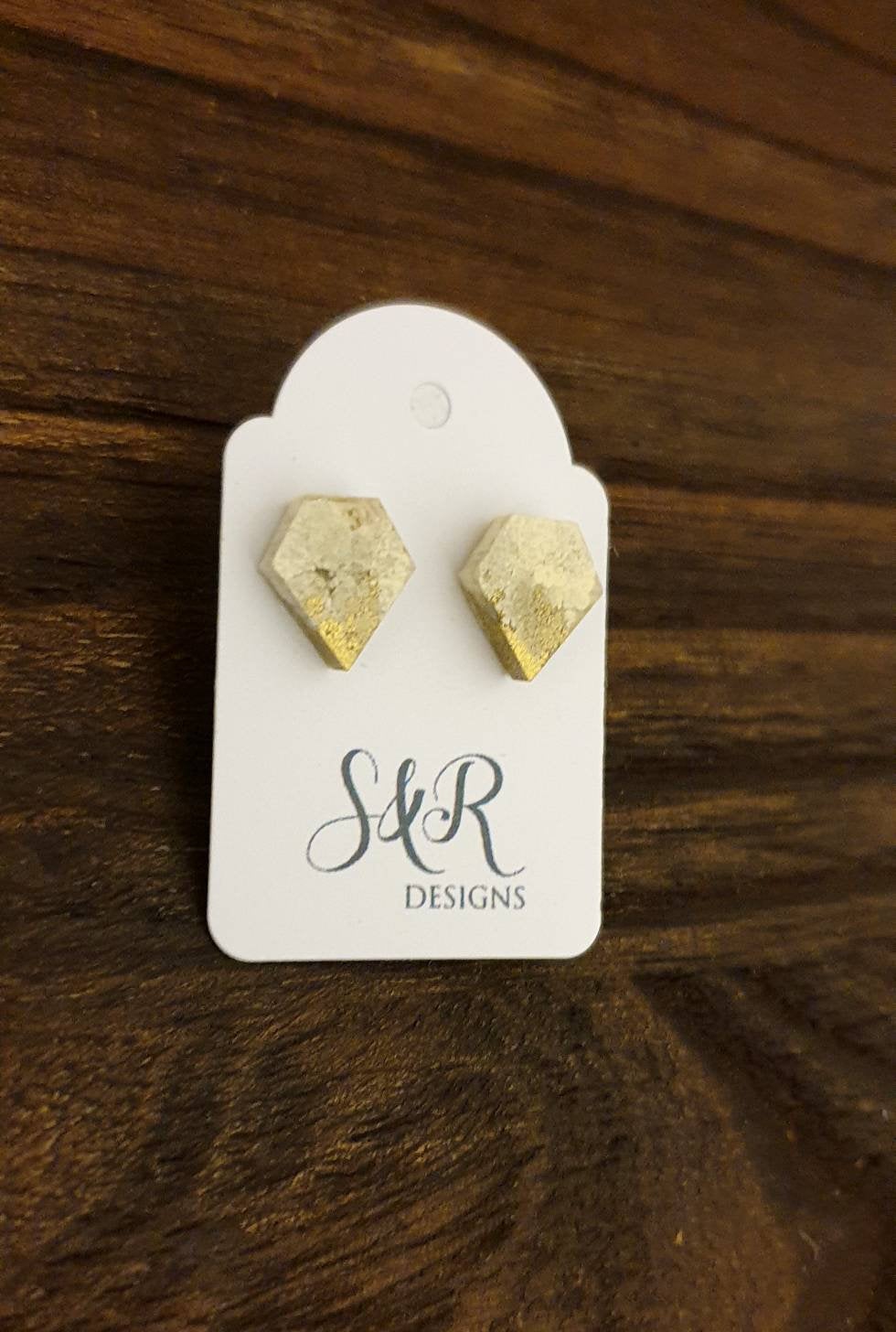 Diamond Cut Resin Stud Earrings, Stainless Steel Stud Earrings. Gold and White Mix Earrings.