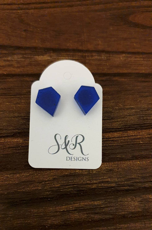 Royal Blue Diamond Cut Resin Stud Earrings, Stainless Steel Stud Earrings.