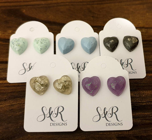 Heart Resin Stud Earrings, Sparkly Glitter, Stainless Steel  Choose colour 10mm Hearts