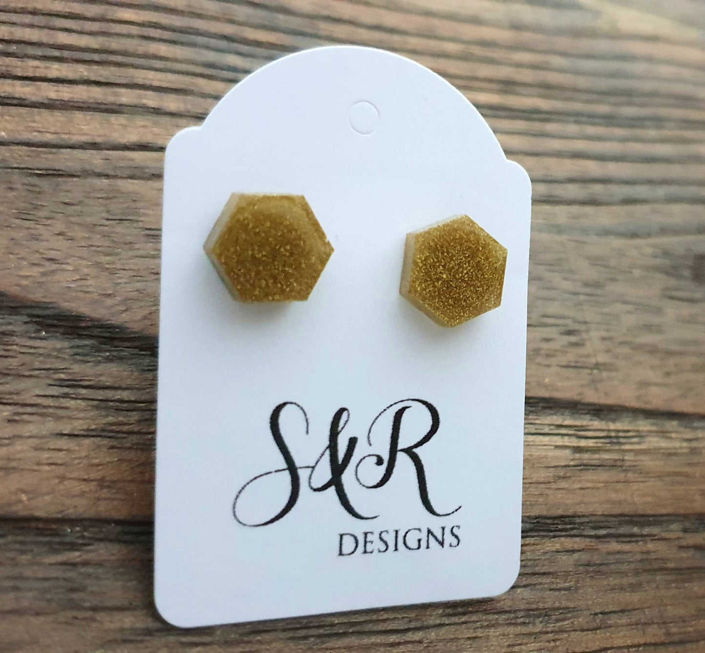Hexagon Resin Stud Earrings, Gold Powder Earrings. Stainless Steel Stud Earrings. 10mm