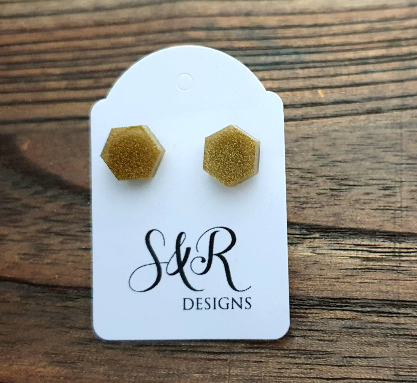 Hexagon Resin Stud Earrings, Gold Powder Earrings. Stainless Steel Stud Earrings. 10mm