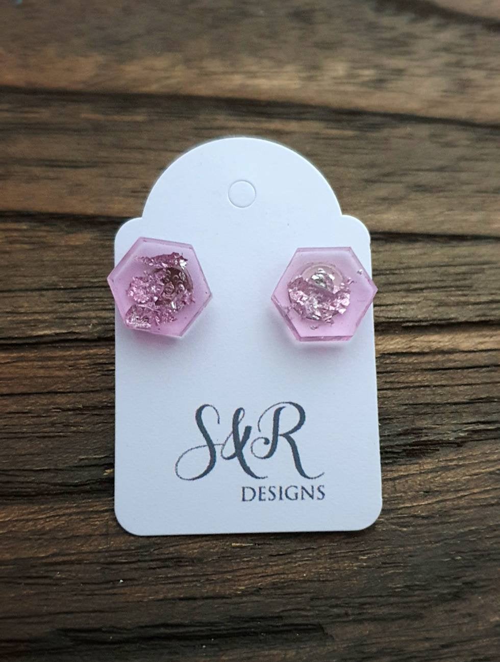 Hexagon Resin Stud Earrings,  Light Pink Silver Leaf Earrings. Stainless Steel Stud Earrings. 10mm