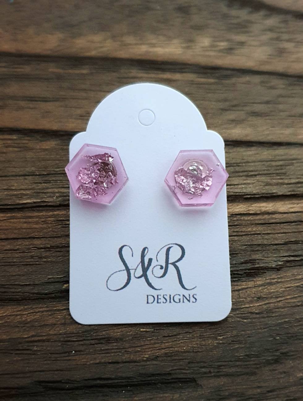 Hexagon Resin Stud Earrings,  Light Pink Silver Leaf Earrings. Stainless Steel Stud Earrings. 10mm