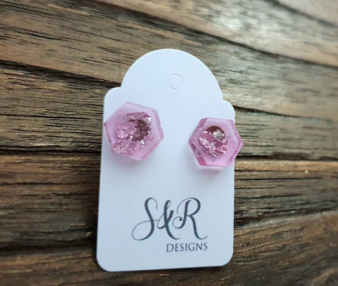 Hexagon Resin Stud Earrings,  Light Pink Silver Leaf Earrings. Stainless Steel Stud Earrings. 10mm