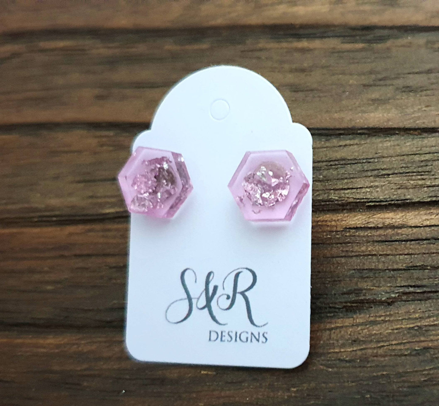 Hexagon Resin Stud Earrings,  Light Pink Silver Leaf Earrings. Stainless Steel Stud Earrings. 10mm