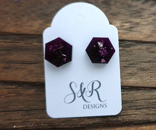 Hexagon Resin Stud Earrings, Purple Silver Leaf Earrings. Stainless Steel Stud Earrings. 10mm