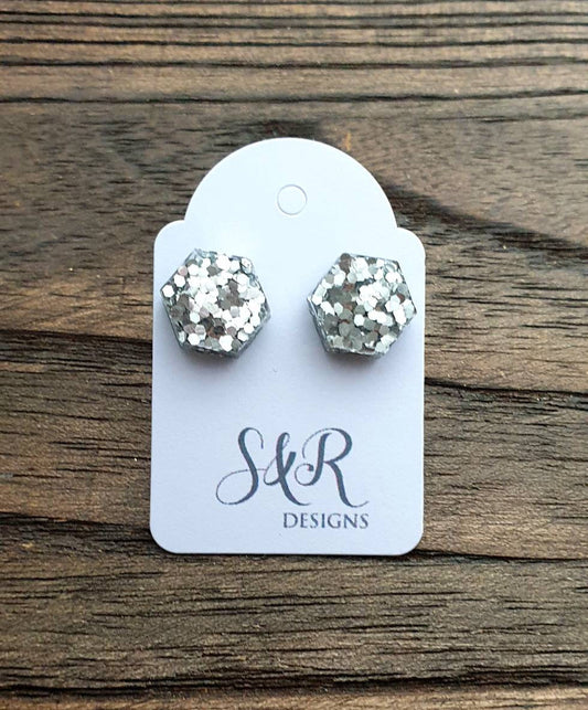 Hexagon Resin Stud Earrings, Silver Glitter Earrings. Stainless Steel Stud Earrings. 10mm