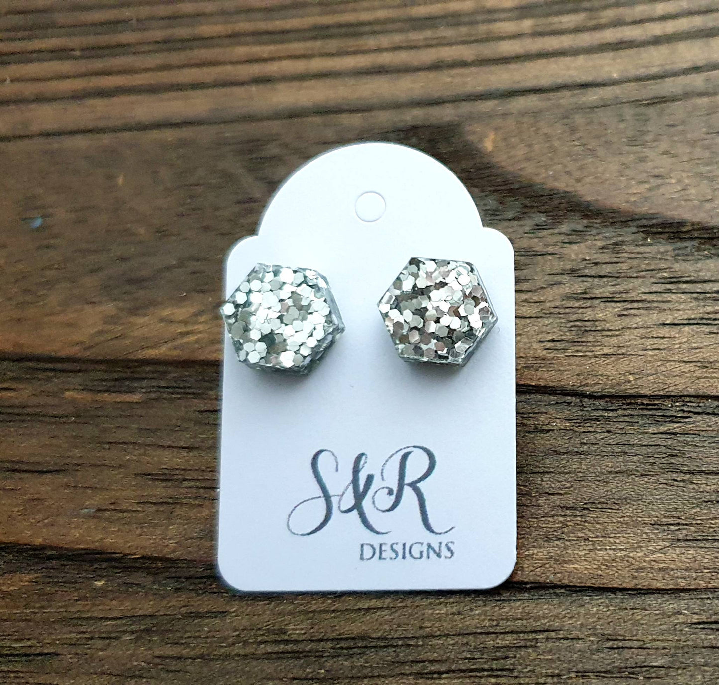 Hexagon Resin Stud Earrings, Silver Glitter Earrings. Stainless Steel Stud Earrings. 10mm