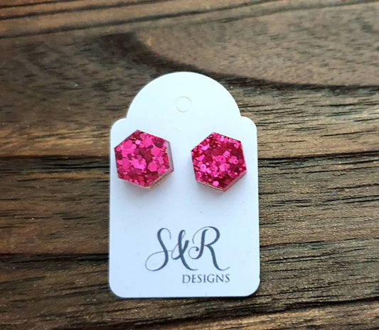 Hexagon Resin Stud Earrings, Hot Pink Glitter Earrings. Stainless Steel Stud Earrings. 10mm or 6mm