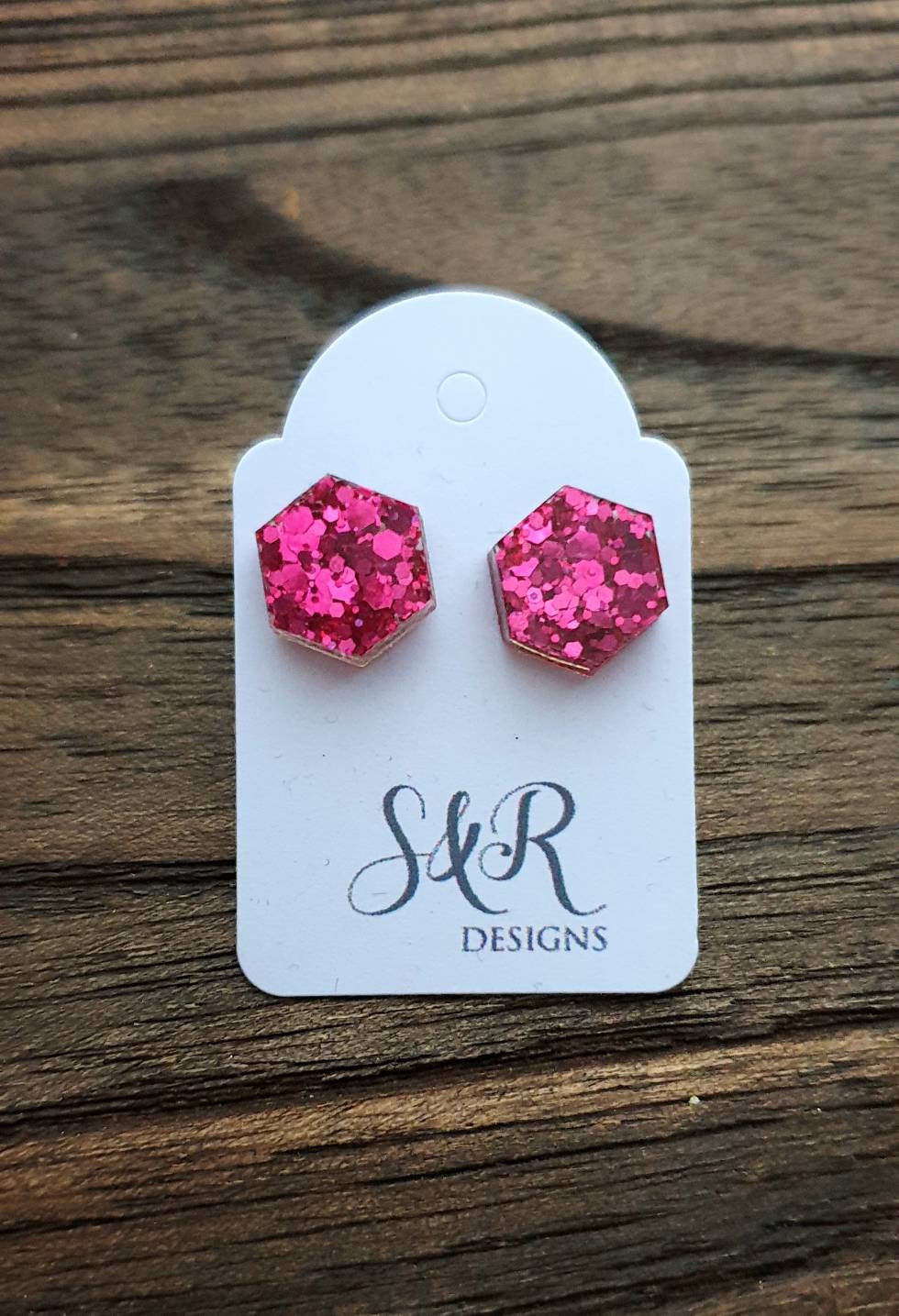Hexagon Resin Stud Earrings, Hot Pink Glitter Earrings. Stainless Steel Stud Earrings. 10mm or 6mm