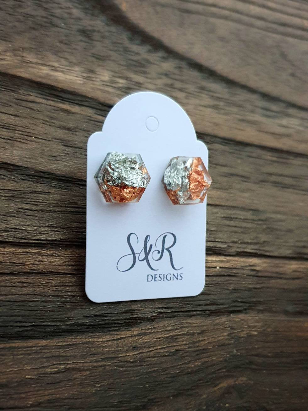 Hexagon Resin Stud Earrings, Rose Gold Silver Leaf Earrings. Stainless Steel Stud Earrings. 10mm