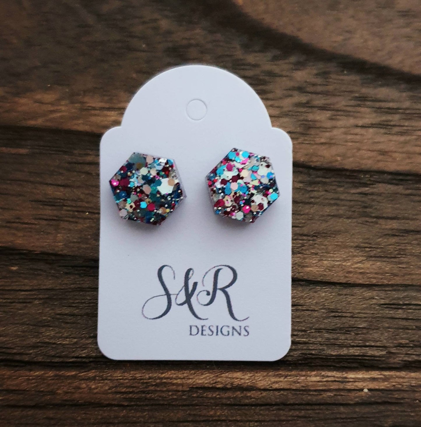 Hexagon Stud Earring, Resin Blue Pink Silver Glitter Mix Earrings. Stainless Steel Stud Earrings. 10mm or Mini Earrings 6mm
