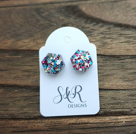 Hexagon Stud Earring, Resin Blue Pink Silver Glitter Mix Earrings. Stainless Steel Stud Earrings. 10mm or Mini Earrings 6mm