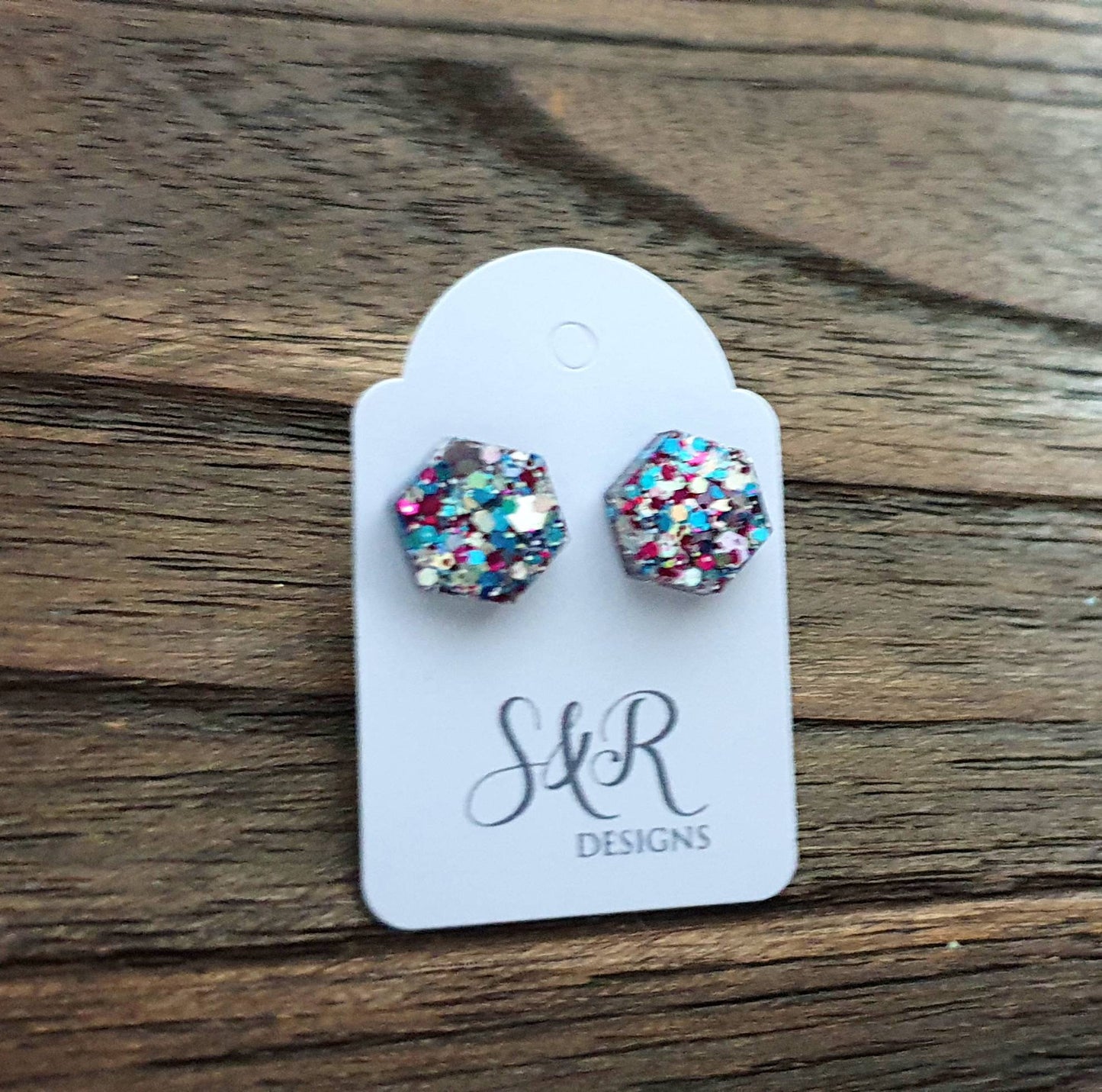Hexagon Stud Earring, Resin Blue Pink Silver Glitter Mix Earrings. Stainless Steel Stud Earrings. 10mm or Mini Earrings 6mm