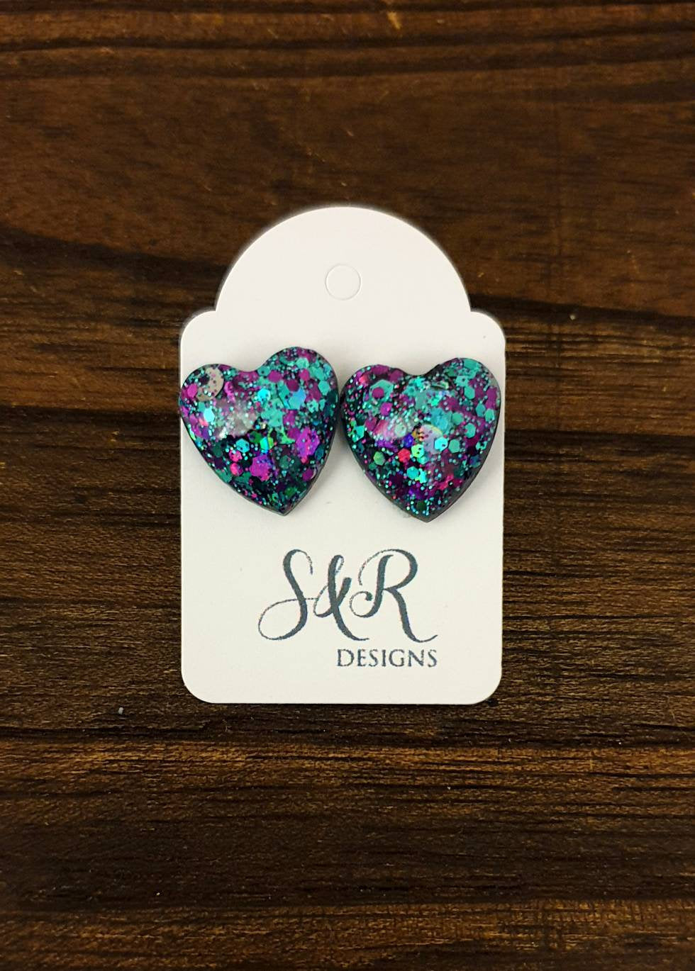 Faceted Heart Resin Stud Earrings, Sparkly Silver Purple Teal Mix Glitter, Stainless Steel 14mm Hearts