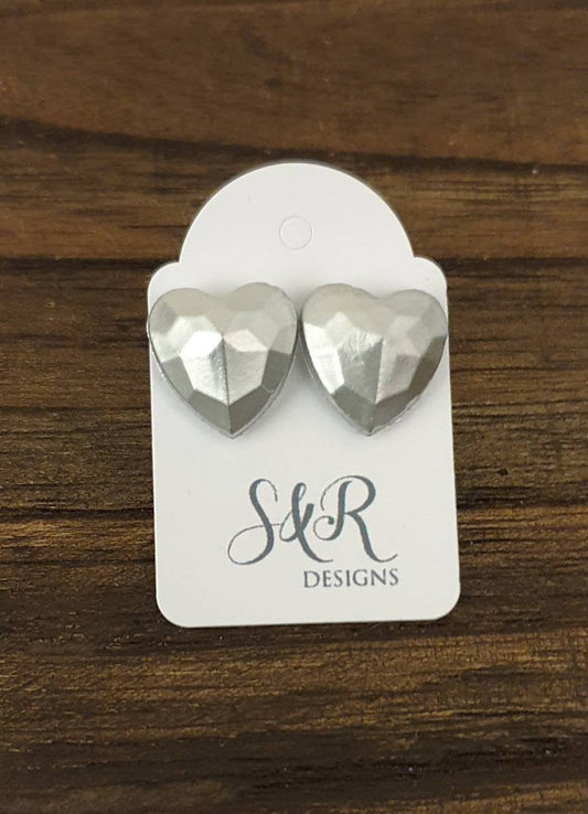 Faceted Heart Resin Stud Earrings, Silver Heart Earrings, Stainless Steel 14mm Hearts