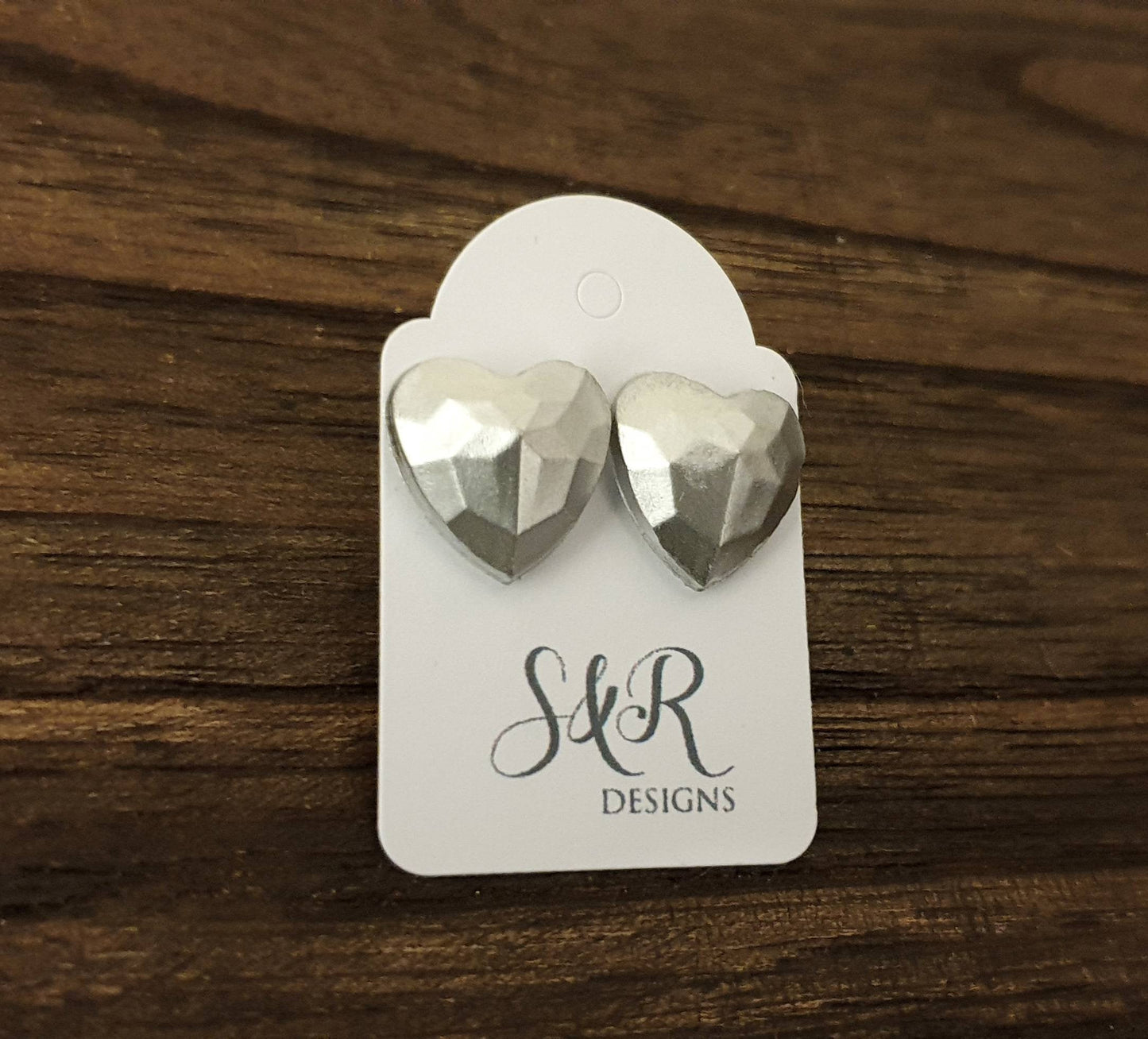 Faceted Heart Resin Stud Earrings, Silver Heart Earrings, Stainless Steel 14mm Hearts
