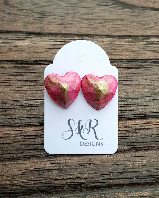 Faceted Heart Resin Stud Earrings, Pink Gold Earrings Stainless Steel 14mm Hearts