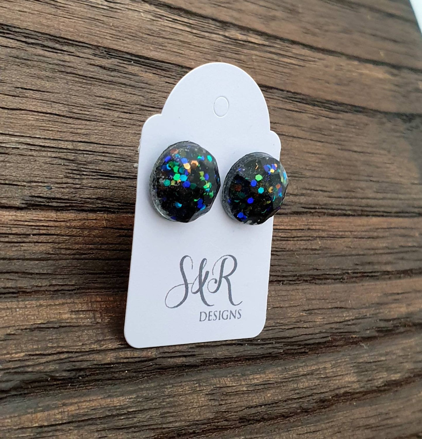 Faceted Circle Resin Stud Earrings, Black Rainbow Glitter Mix Stainless Steel Stud Earrings. 12mm