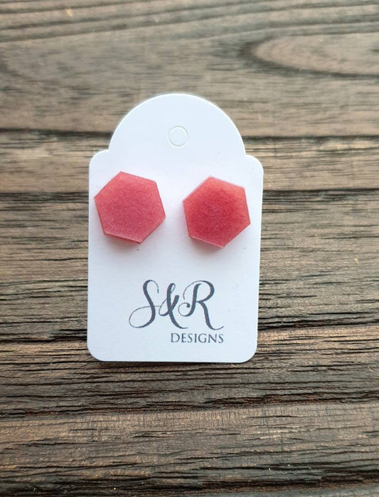 Hexagon Resin Stud Earrings, Pink Blush Earrings. Stainless Steel Stud Earrings. 10mm or 6mm