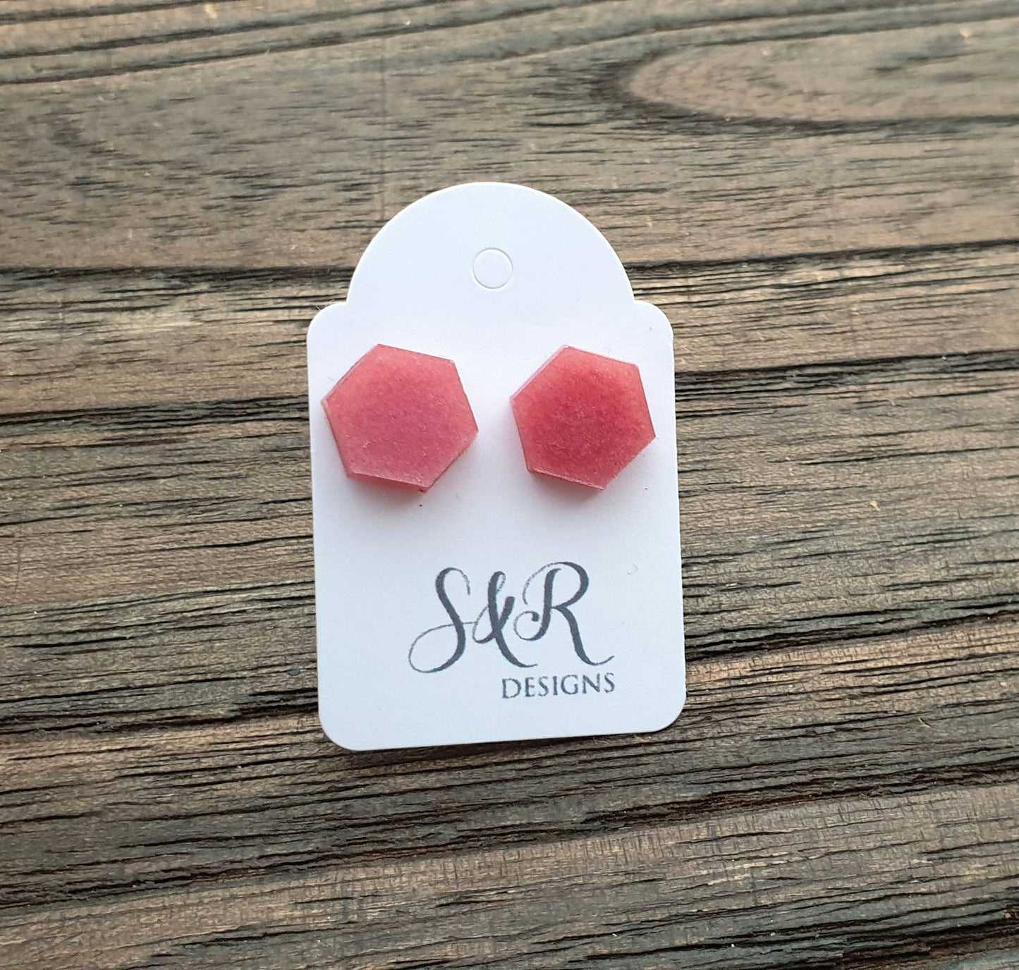 Hexagon Resin Stud Earrings, Pink Blush Earrings. Stainless Steel Stud Earrings. 10mm or 6mm